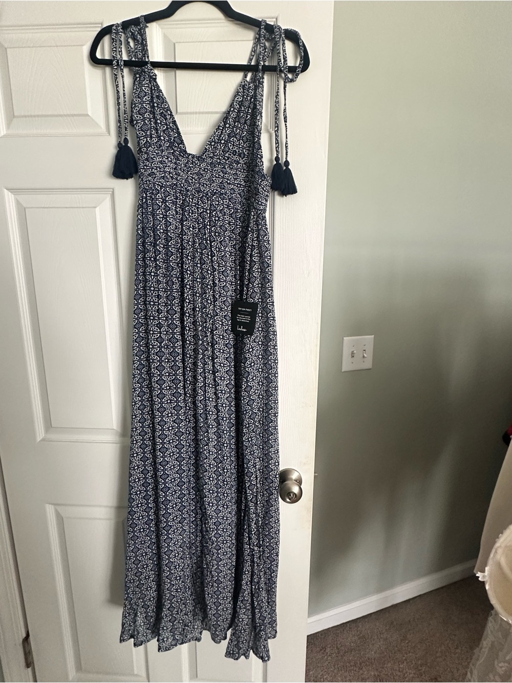 Lulu's Navy Blue and White Printed Maxi Dress with Tassel Straps
